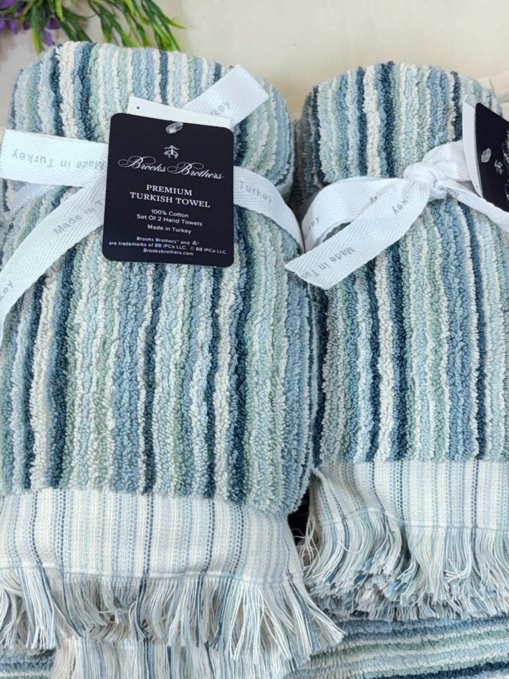 BROOKS BROTHERS Premium Turkish Hand Fingertip Towels 4PC Stripe Aqua Green New
